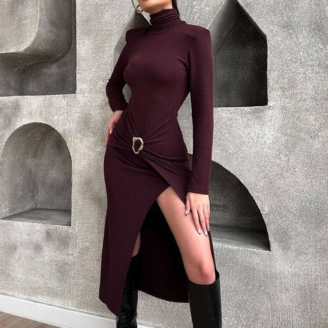 Women's Waist Twist Bodycon Midi Dress, Long Sleeve High Neck Cocktail Dress For Party Wedding Guest