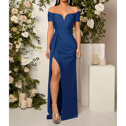 Women's Off-Shoulder Bodycon Gown, Short Sleeve High Slit Formal Evening Dress