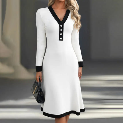 Women's Color Block Maxi Dress, V-Neck Long Sleeve Elegant Casual Dress