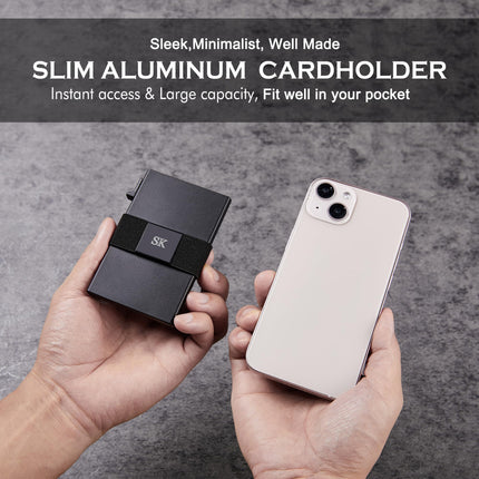 Minimalist Card Holder Wallet For Men, Aluminum Slim Metal Wallet With Money Band, RFID Blocking Up Wallet, Holds 12Cards Plus Cash