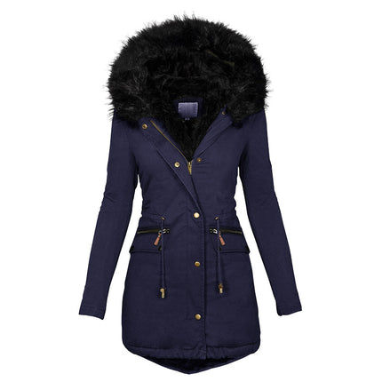 Women's Plush Hooded Parkas Winter Warm Thick  Zip-up Jackets Casual Mid-length Solid Buckle Pockets Coat Outerwear Clothing