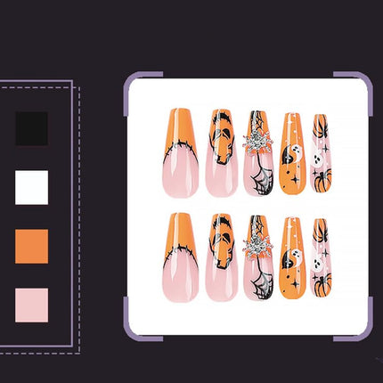 24 PCS Press On False Nails Short Medium Length Full Cover Acrylic Fake Nails Almond Shaped Ballerina Nails Cute Pumpkin Bat Ghost Spider Reusable Nails Nail Salons Home DIY