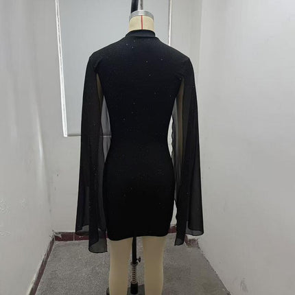 Women's Sparkly Bodycon Mini Dress, Mock Neck Cloak Sleeve Cocktail Dress