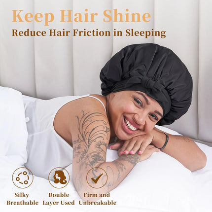 Silk Bonnet For Sleeping Women, Satin Hair Bonnet For Sleeping For Wavy Curly Natural Hair Women Men - Black