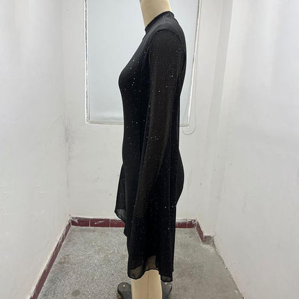 Women's Glitter Bodycon Mini Dress, Mock Neck Cloak Sleeve Cocktail Dress For Wedding Guest Party