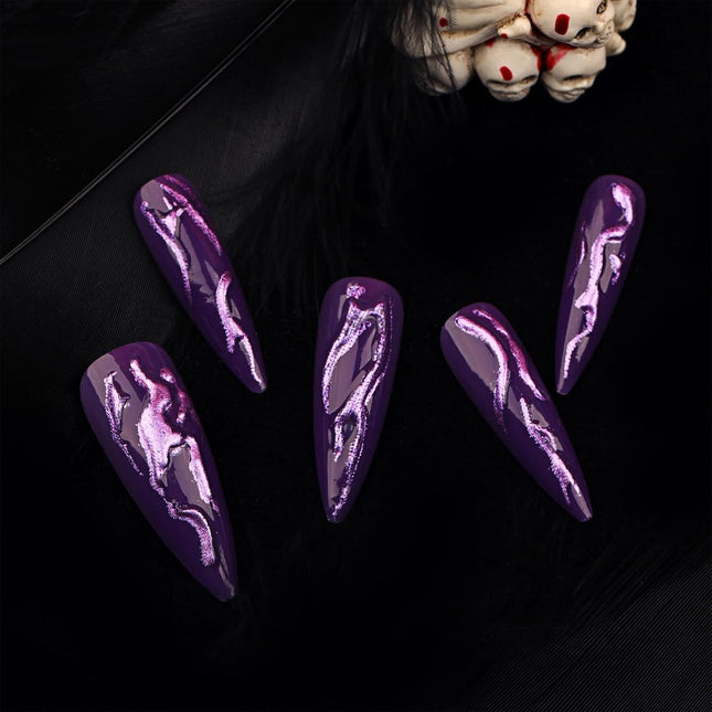 24 PCS Devil's Claws Press On Nails,3D Curve Line Acrylic False Nails, Long Stiletto Glossy Purple Glitter, Gel Glue On Nails Manicure Sparkly Stick Ons
