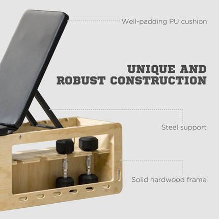 Wooden Workout Bench with Dumbbell Rack and Resistance Bands, Adjustable Incline Weight Bench for Home Gym