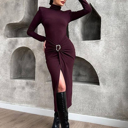 Women's Waist Twist Bodycon Midi Dress, Long Sleeve High Neck Cocktail Dress For Party Wedding Guest