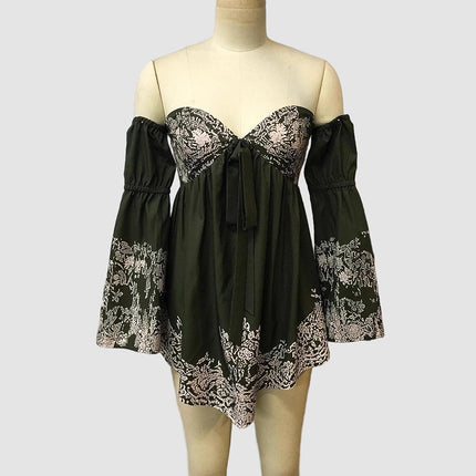 Women's Off-Shoulder Boho Mini Dress - Smocked Long Sleeve Party Beach Vacations Dress