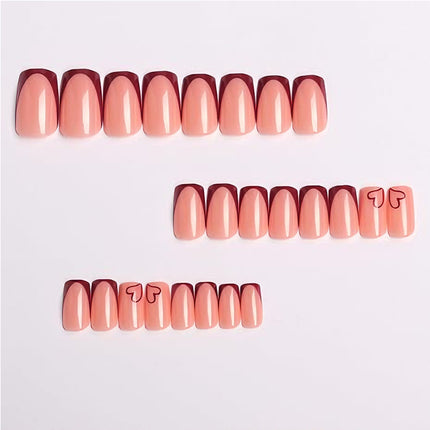 24 PCS Valentine's Day Press On Nails, French Tip Medium Square Wine Red Heart Fake Nails Natural Fit Gel Acrylic Nails, Glue On Nails False Nail Set