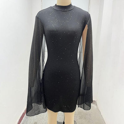 Women's Glitter Bodycon Mini Dress, Mock Neck Cloak Sleeve Cocktail Dress For Wedding Guest Party