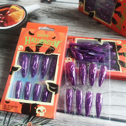 24 PCS Devil's Claws Press On Nails,3D Curve Line Acrylic False Nails, Long Stiletto Glossy Purple Glitter, Gel Glue On Nails Manicure Sparkly Stick Ons