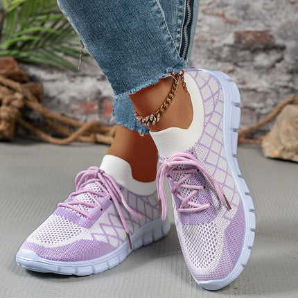 Colorblock Plaid Lace-Up Flyknit Sneakers Ins Mesh Casual Shoes Fashion Breathable Walking Running Sports Shoes For Women