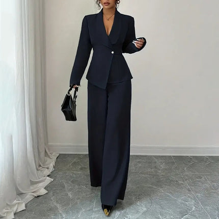 Women's 2-Piece Pants Suit, Long Sleeve Blazer & Straight Pant Casual Office Set