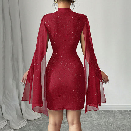 Women's Sparkly Bodycon Mini Dress, Mock Neck Cloak Sleeve Cocktail Dress