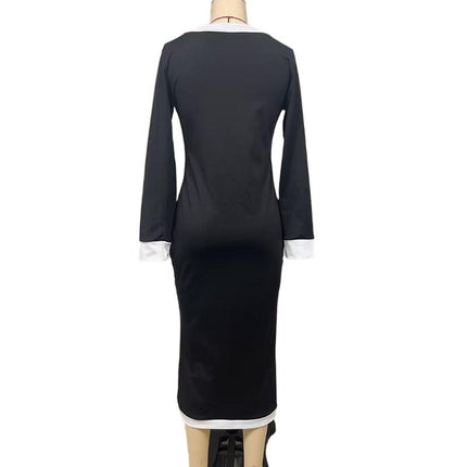 Women's Color Block Maxi Dress, V-Neck Long Sleeve Elegant Casual Dress