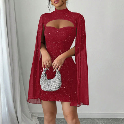 Women's Sparkly Bodycon Mini Dress, Mock Neck Cloak Sleeve Cocktail Dress