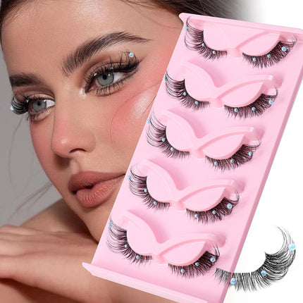 5 Pairs False Lashes Eyelashes Extension Cluster, Clear Band Corner Foxy Winged Cat Eye 3D Strip Lashes,  Dramatic Cosmetic Makeup
