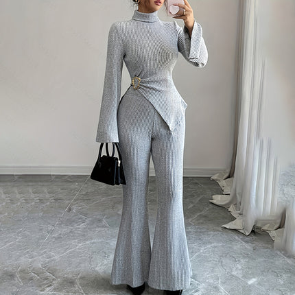 Womens 2 Piece Outfits Turtleneck Matching Lounge Set Flare Sleeve Asymmetrical Top & Wide Leg Pants