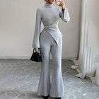 Womens 2 Piece Outfits Turtleneck Matching Lounge Set Flare Sleeve Asymmetrical Top & Wide Leg Pants