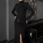 Women's Waist Twist Bodycon Midi Dress, Long Sleeve High Neck Cocktail Dress For Party Wedding Guest