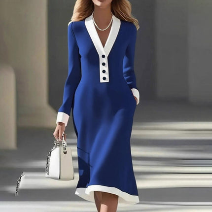 Women's Color Block Maxi Dress, V-Neck Long Sleeve Elegant Casual Dress