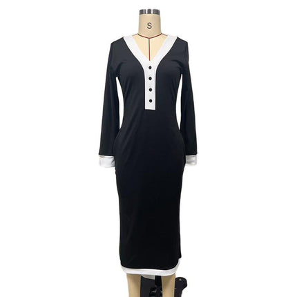 Women's Color Block Maxi Dress, V-Neck Long Sleeve Elegant Casual Dress