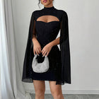 Women's Sparkly Bodycon Mini Dress, Mock Neck Cloak Sleeve Cocktail Dress