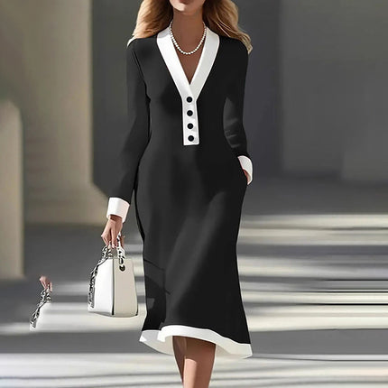 Women's Color Block Maxi Dress, V-Neck Long Sleeve Elegant Casual Dress