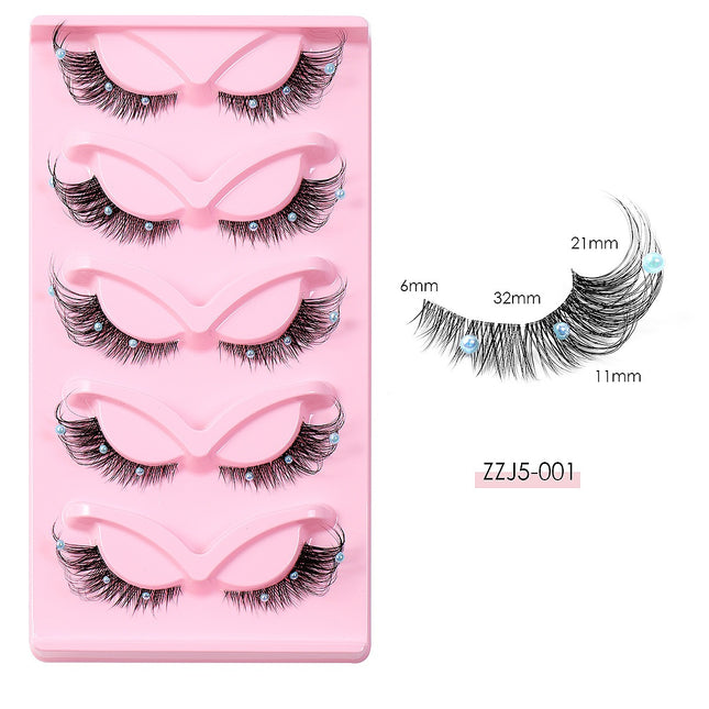 5 Pairs False Lashes Eyelashes Extension Cluster, Clear Band Corner Foxy Winged Cat Eye 3D Strip Lashes,  Dramatic Cosmetic Makeup