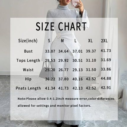 Womens 2 Piece Outfits Turtleneck Matching Lounge Set Flare Sleeve Asymmetrical Top & Wide Leg Pants