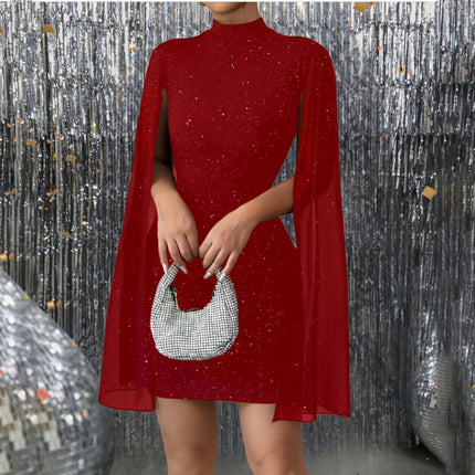 Women's Glitter Bodycon Mini Dress, Mock Neck Cloak Sleeve Cocktail Dress For Wedding Guest Party