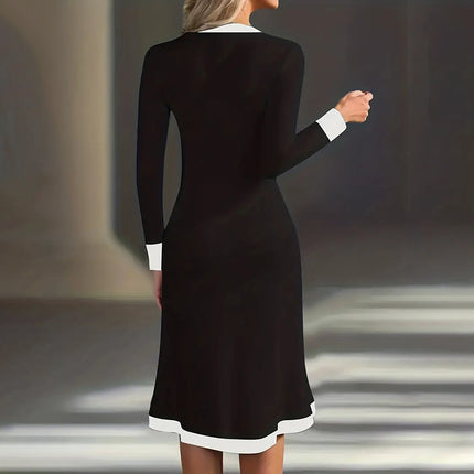 Women's Color Block Maxi Dress, V-Neck Long Sleeve Elegant Casual Dress