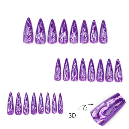 24 PCS Devil's Claws Press On Nails,3D Curve Line Acrylic False Nails, Long Stiletto Glossy Purple Glitter, Gel Glue On Nails Manicure Sparkly Stick Ons