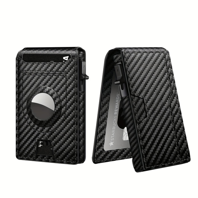 Men's Carbon Fiber RFID Blocking Bi-Fold Wallet With Pop-Up Aluminum Card Slot And AirTag Slot - Minimalist Black Credit Card Holder