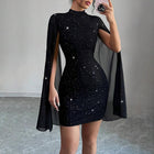 Women's Glitter Bodycon Mini Dress, Mock Neck Cloak Sleeve Cocktail Dress For Wedding Guest Party