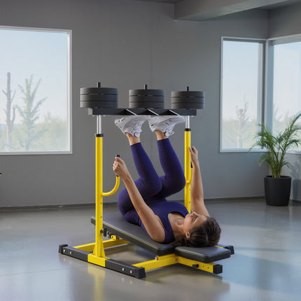 Vertical Leg Press Machine with Adjustable Leg, Back, and Head Positions, 1" Standard Plate Compatible, Yellow
