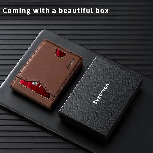 Real Leather Wallet For Men,Slim Bifold Wallet Minimalist Front Pocket Design, RFID Mens Wallet With Money Pocket,ID Window, Hold Up To 11 Cards, Brown, Minimalist