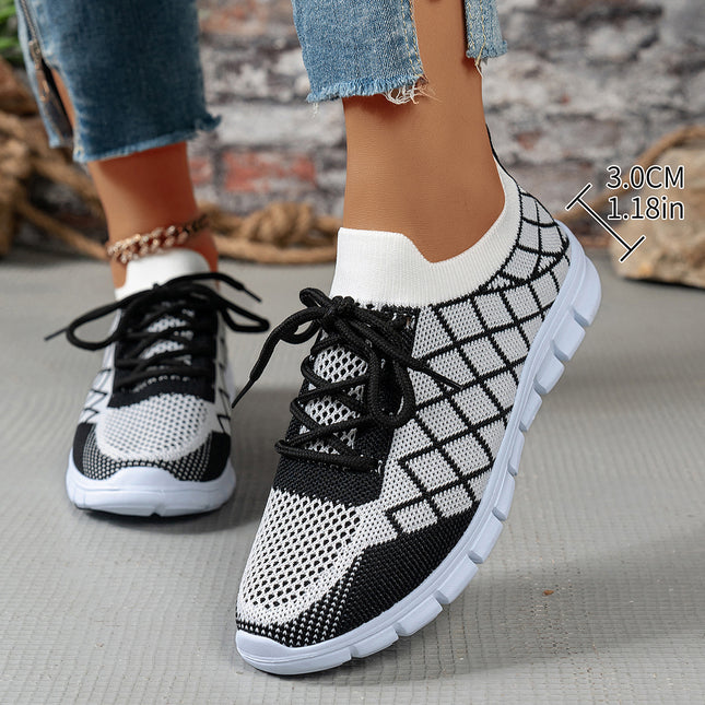 Colorblock Plaid Lace-Up Flyknit Sneakers Ins Mesh Casual Shoes Fashion Breathable Walking Running Sports Shoes For Women