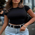 Women's Solid Color Crop Tee, Crew Neck Short Sleeve Slim Fit Basic Top