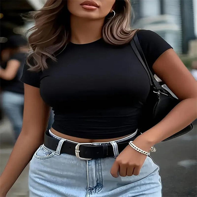 Women's Solid Color Crop Tee, Crew Neck Short Sleeve Slim Fit Basic Top